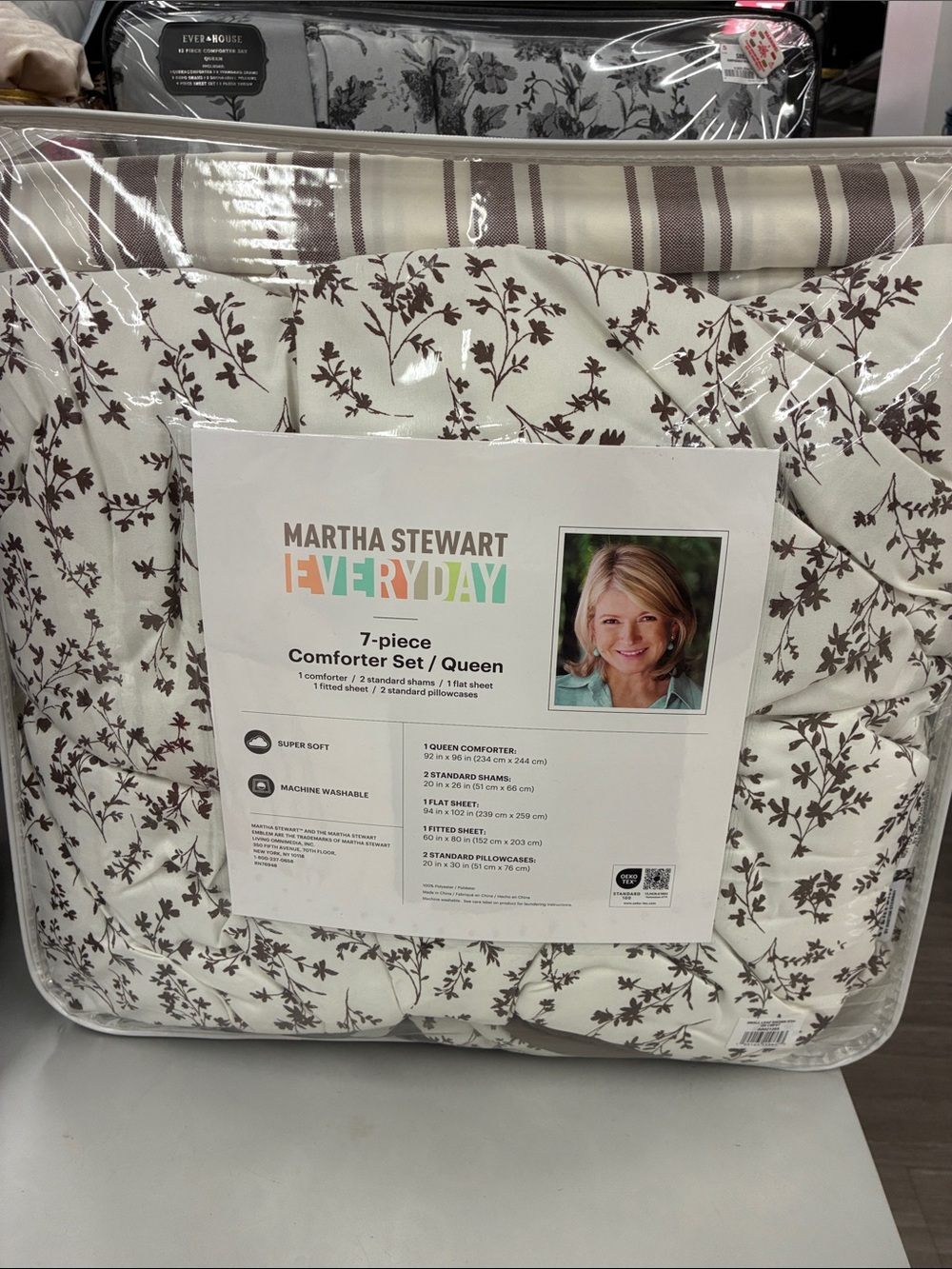 Martha Stewart Cream Comforter Set with Brown Floral and Stripe Accents